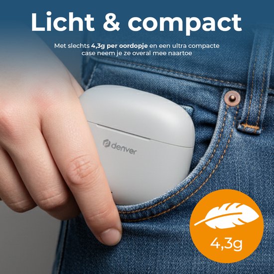 Ecouteurs Denver - Ecouteurs légers - 6 heures d'écoute - Bluetooth 5.3 - TWE48 - Gris