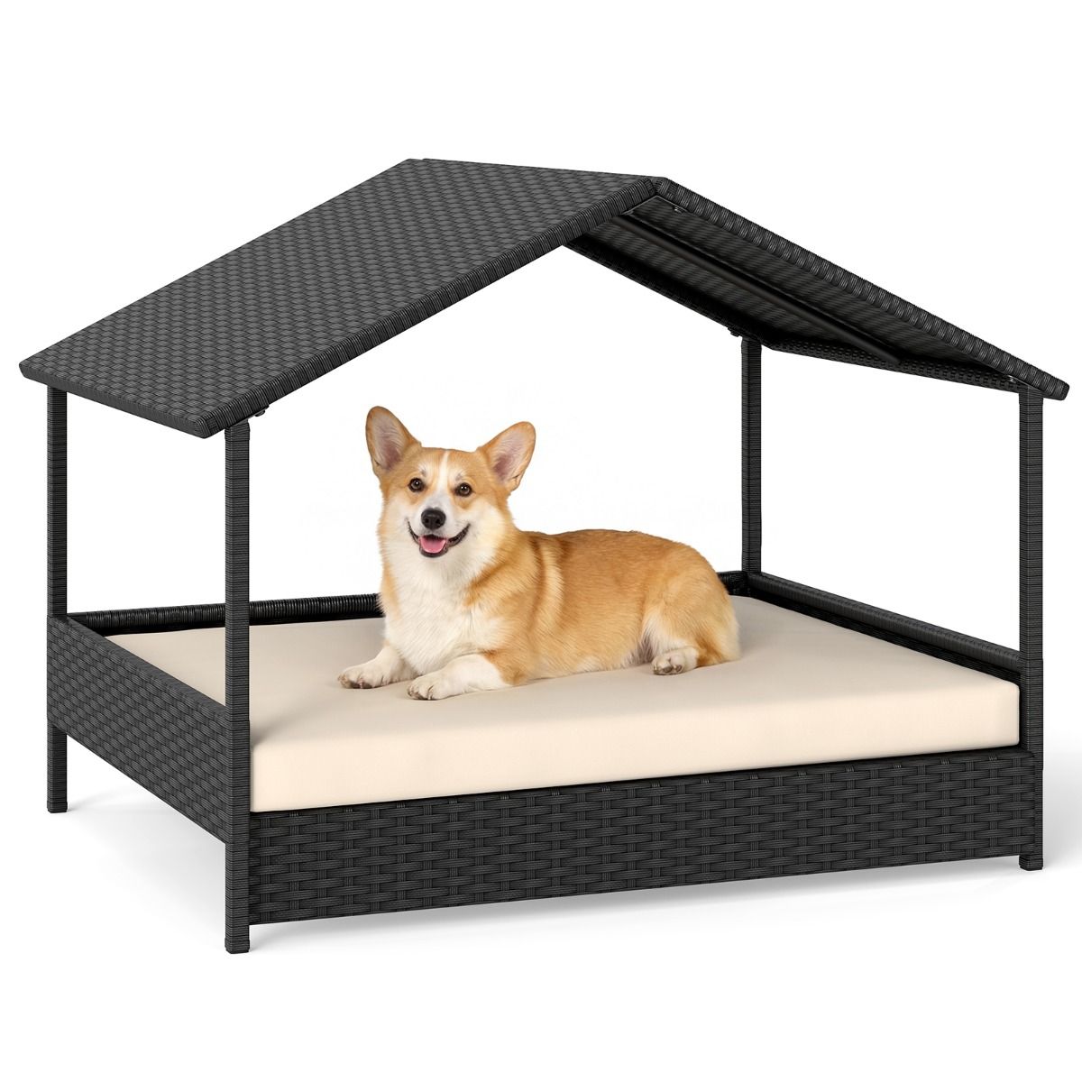 Panier pour chien Coast avec baldaquin - Canapé surélevé en rotin pour chien - Coussin inclus - Beige