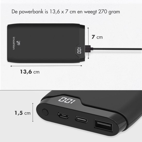 Batterie externe - imoshion® - 10000 mAh - Chargeur rapide 18W - Power Delivery - USB C & USB A - Convient à Apple iPhone et Samsung - Noir