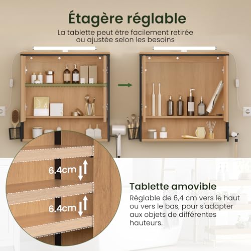 Eugad Armoire de toilette avec miroir LED chêne noir 70 x 14,5 x 70 cm