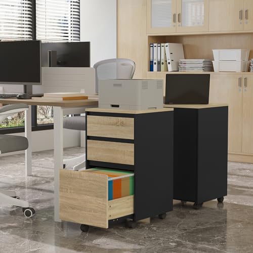 Commode mobile Woltu avec 3 tiroirs - Chêne clair noir - 40 x 71,5 x 40 cm
