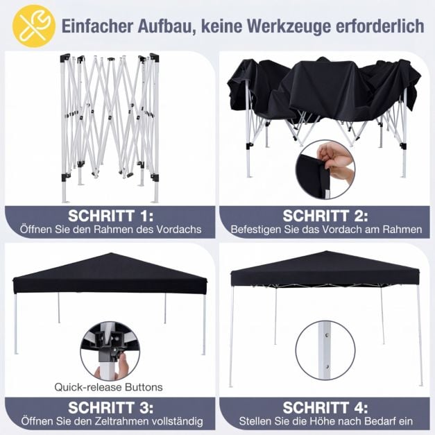 Tente de fête pop-up Coast 290 × 290 cm – Pavillon pliable avec 3 réglages de hauteur, sac de transport, cordes de tension et piquets – Noir