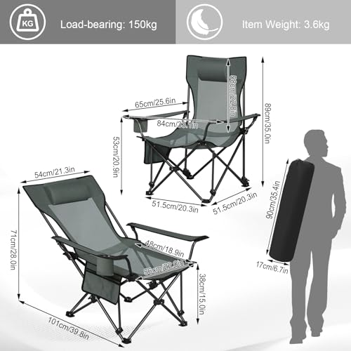 Woltu Set de 2 chaises de camping pliables avec dossier réglable et porte-gobelet - Gris