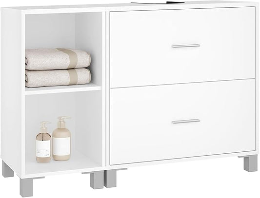 eSituro SBP0098 meuble bas pour lavabo meuble de salle de bain - blanc - 2 grands tiroirs - meuble latéral pouvant être placé à gauche ou à droite