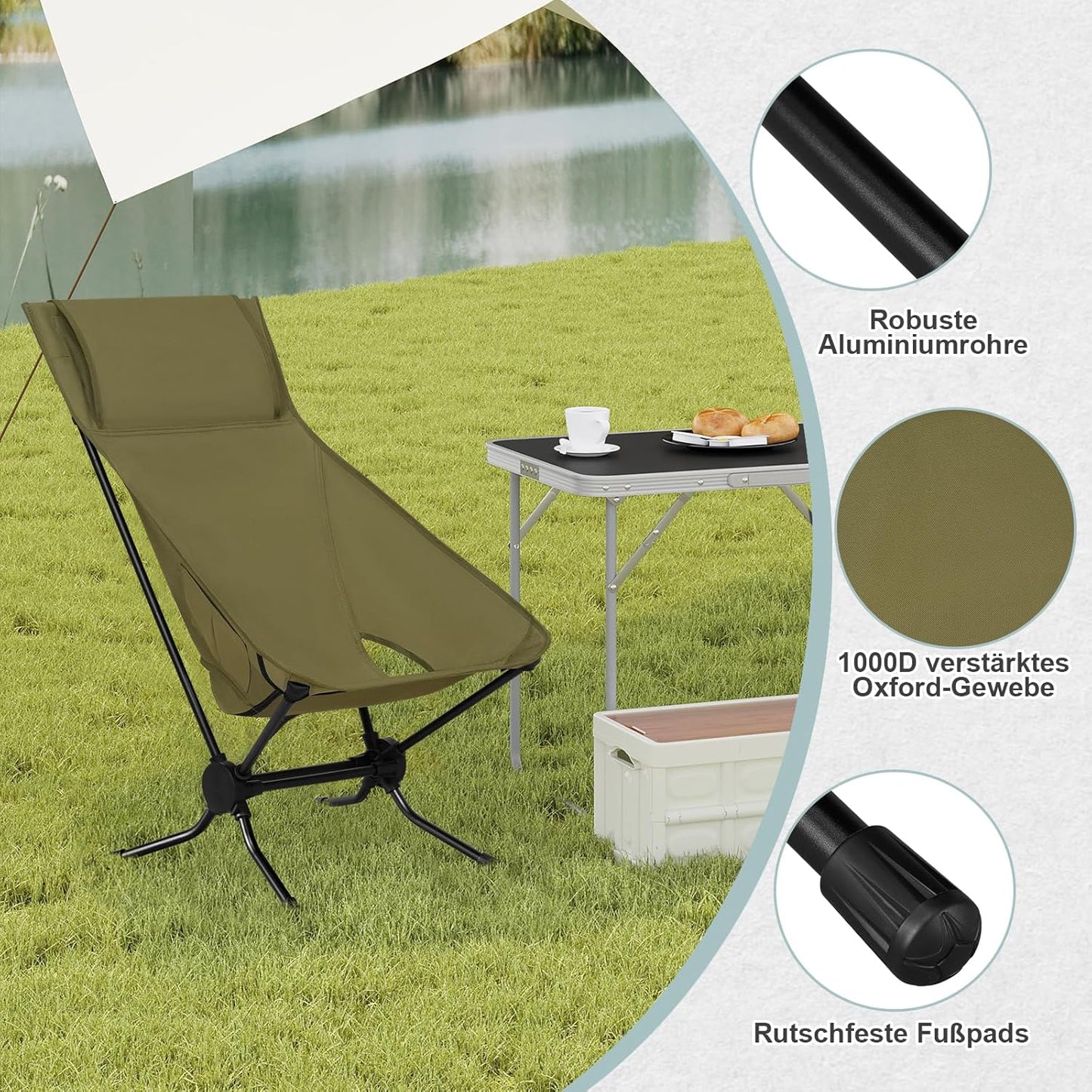Chaise de camping pliable Woltu verte 56 x 72 x 88 cm - Chaise de pêche légère avec dossier haut et sac de transport - Charge jusqu'à 150 kg