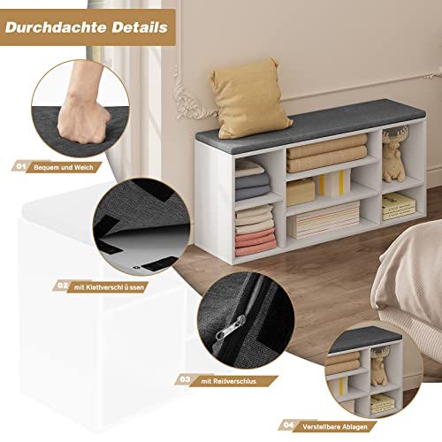 Woltu Shoe Bench with 7 Compartments - Rangement pour chaussures en bois avec siège et coussin - White with Grey - 103,5 x 48 x 30 cm