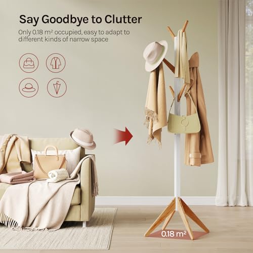 Porte-manteau vertical Woltu avec 8 crochets - Bois massif blanc + naturel - Hauteur 180 cm