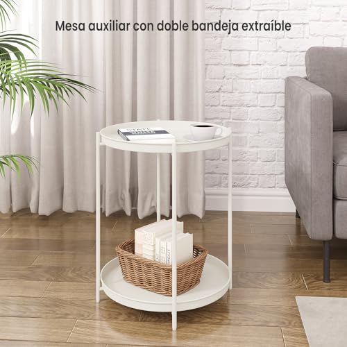 Table d'appoint ronde Woltu avec 2 étagères amovibles - Métal, Crème - Ø44 cm, Hauteur 57 cm