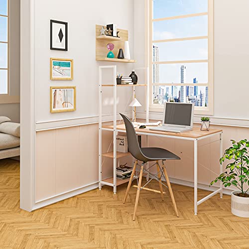 Table d'ordinateur Woltu chêne clair + blanc avec 4 casiers de rangement - Poste de travail spacieux 120x64 cm
