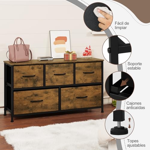Woltu Dresser 5 Tiroirs Industriel Vintage Marron Noir 100x30 cm
