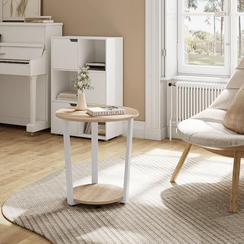 Woltu Round Coffee Table BTS13hei - Light Oak - 50x53x50 cm - With 2 Storage Racks - Stable Metal Frame - Modern and Compact