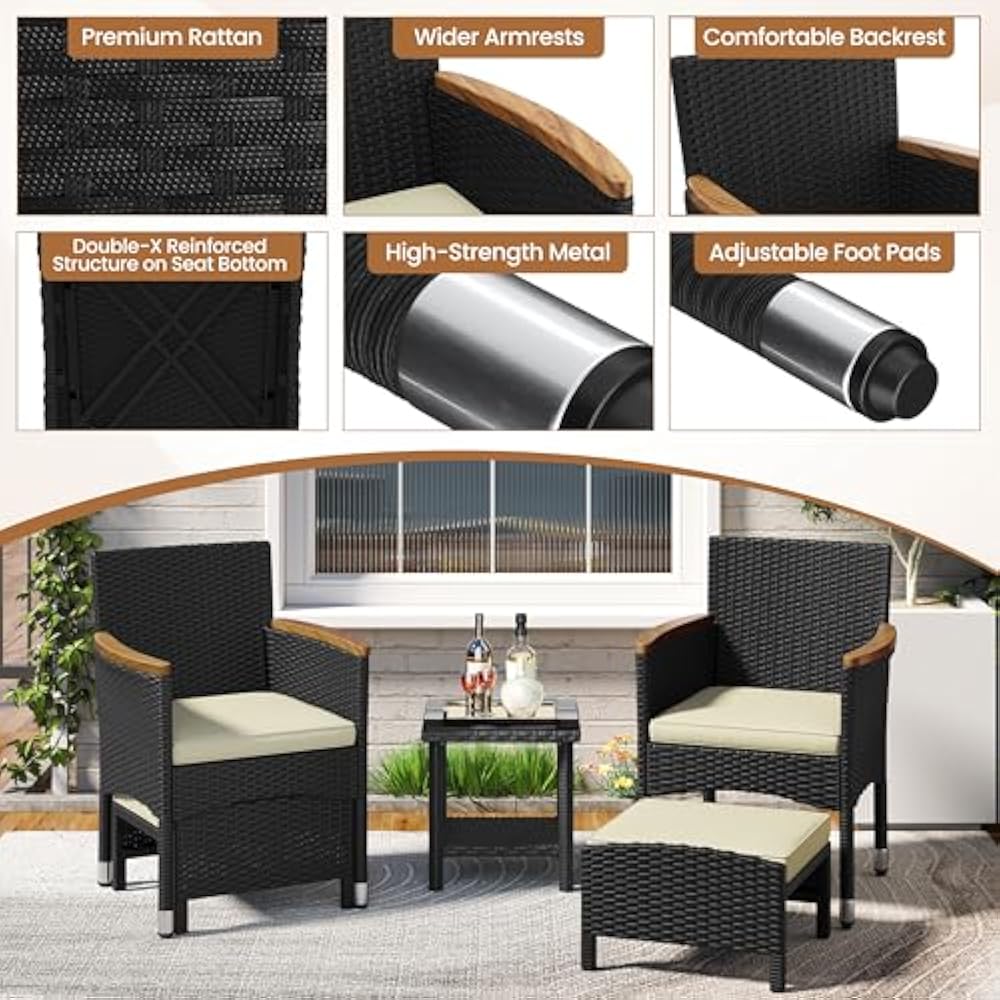 Yaheetech 5-Piece Lounge Set Black/Beige - PE Rattan - Chaise 62 x 61.5 x 84.5 cm - Avec table et poufs
