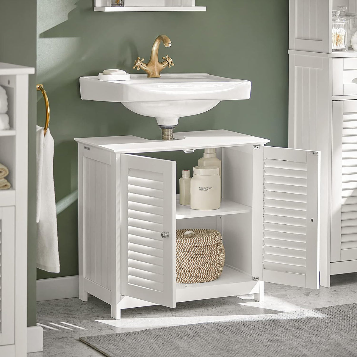 SoBuy Meuble lavabo - 2 portes et 2 étages - Blanc - 60x35x58cm