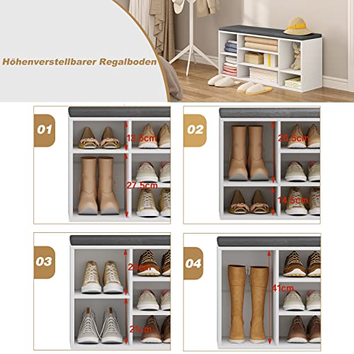 Woltu Shoe Bench with 7 Compartments - Rangement pour chaussures en bois avec siège et coussin - White with Grey - 103,5 x 48 x 30 cm