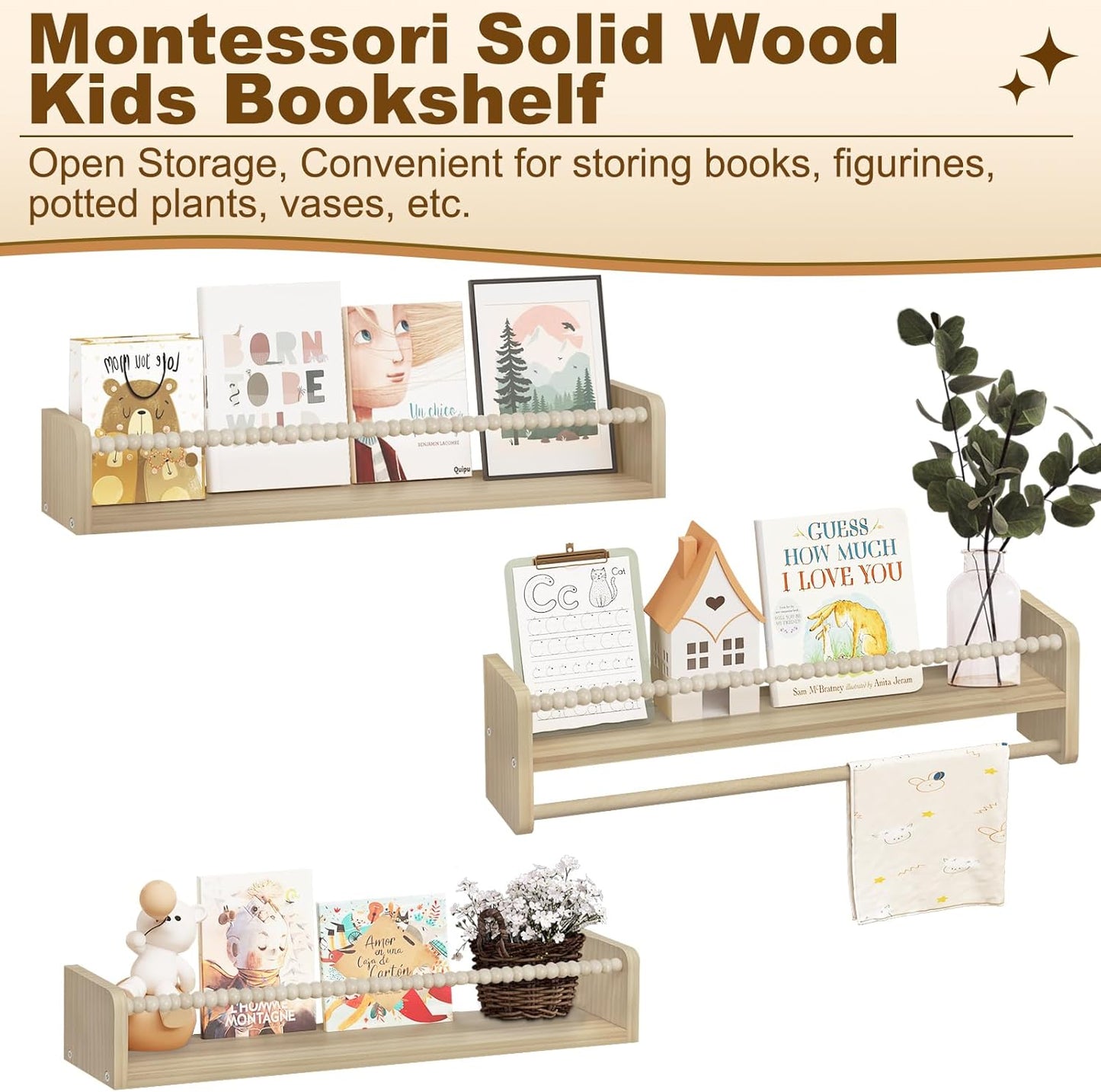 Woltu Lot de 3 étagères murales Montessori - 60 x 14 x 15 cm - Pin massif - Bois naturel - Etagères murales pour livres, jouets et décorations