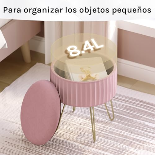 Pouf de rangement Woltu rond - Velours rose pâle - 31,5 x 37,5 cm