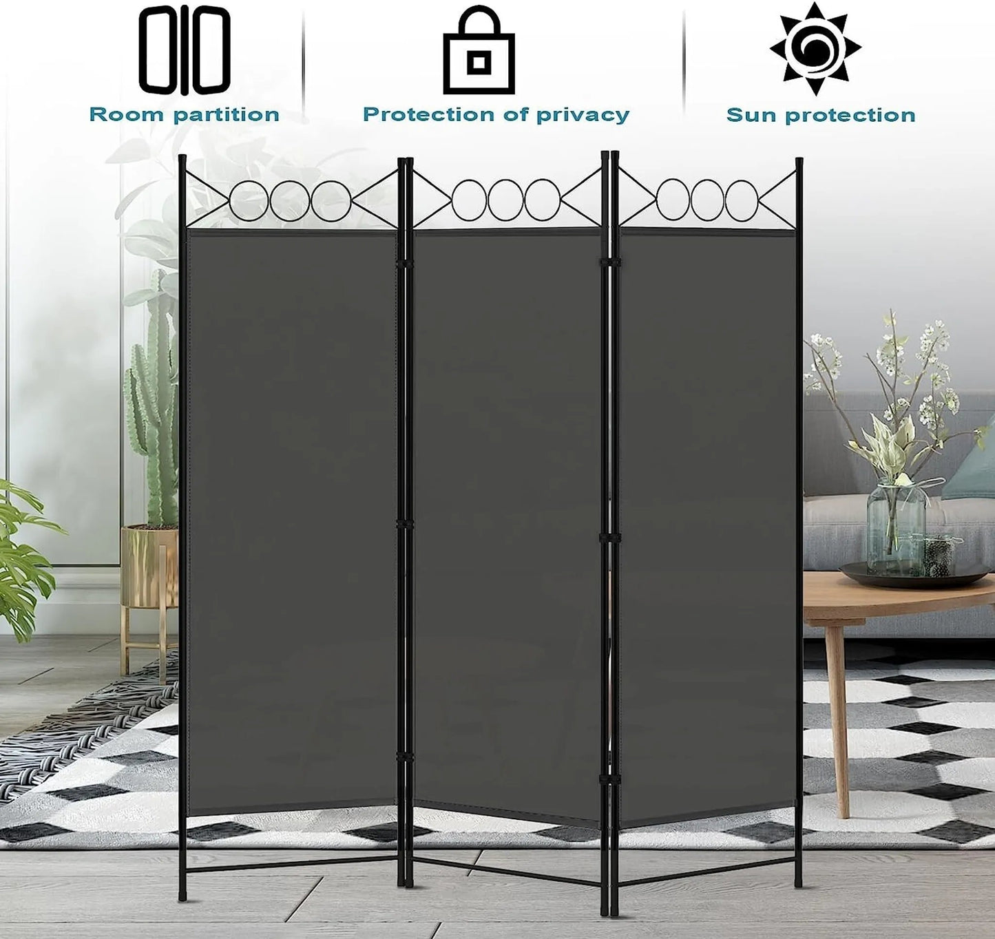 Woltu Paravent Space Divider 3-Piece Folding - Dark Grey - 167 x 172 cm - Freestanding Privacy Wall for Indoor & Outdoor use