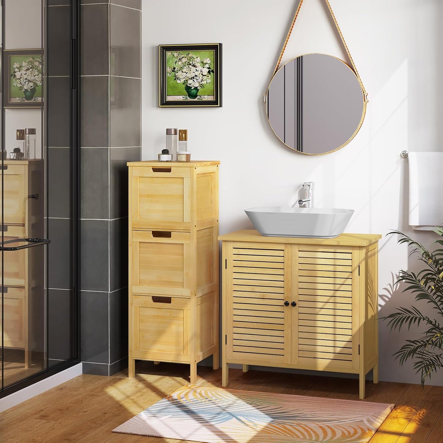 Eugad Meuble de salle de bain étroit en bambou avec 3 tiroirs amovibles - Bambou naturel - 30 x 30 x 90 cm