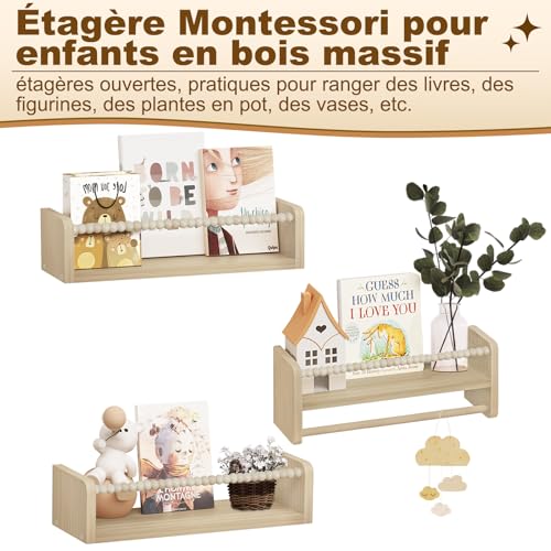 Woltu 3 étagères murales pour enfants - Bois massif - 40 cm - Avec perles en bois - Sûr et pratique
