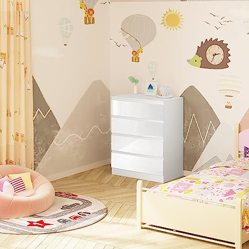Commode Woltu avec matelas à langer amovible et 4 tiroirs - Blanc brillant - 110 cm de haut