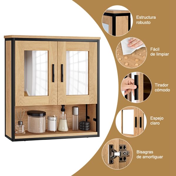 Eugad Armoire de toilette avec 2 portes et miroir Chêne clair 56 x 13 x 60 cm
