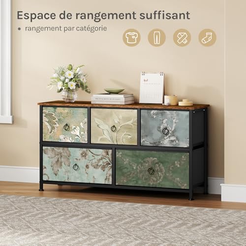 WOLTU Meuble à tiroirs à motif floral vintage - Meuble de rangement avec 5 tiroirs en tissu et cadre en métal - 100 x 30 x 54 cm