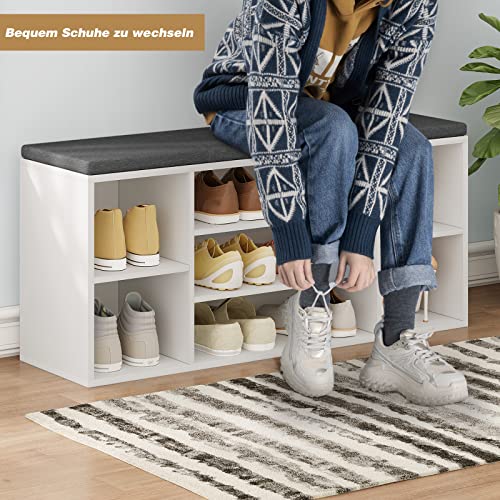 Woltu Shoe Bench with 7 Compartments - Rangement pour chaussures en bois avec siège et coussin - White with Grey - 103,5 x 48 x 30 cm