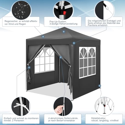Woltu Pavillon pliant 2 x 2 m avec 6 parois latérales - Hydrofuge, protection UV 50+, hauteur réglable, anthracite