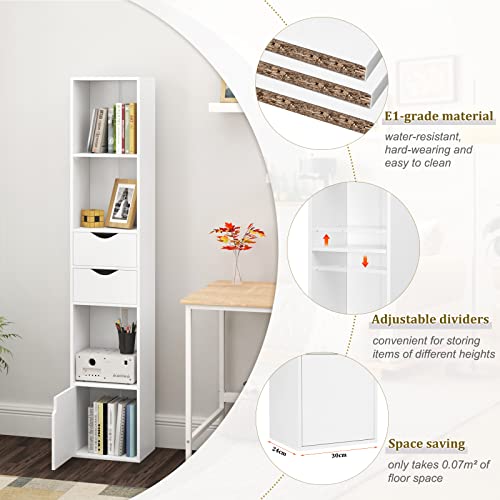 Woltu Bookcase SK028ws Modern - Armoire verticale en bois avec 3 compartiments ouverts, 2 tiroirs et 1 placard - Blanc - 30 x 24 x 158 cm