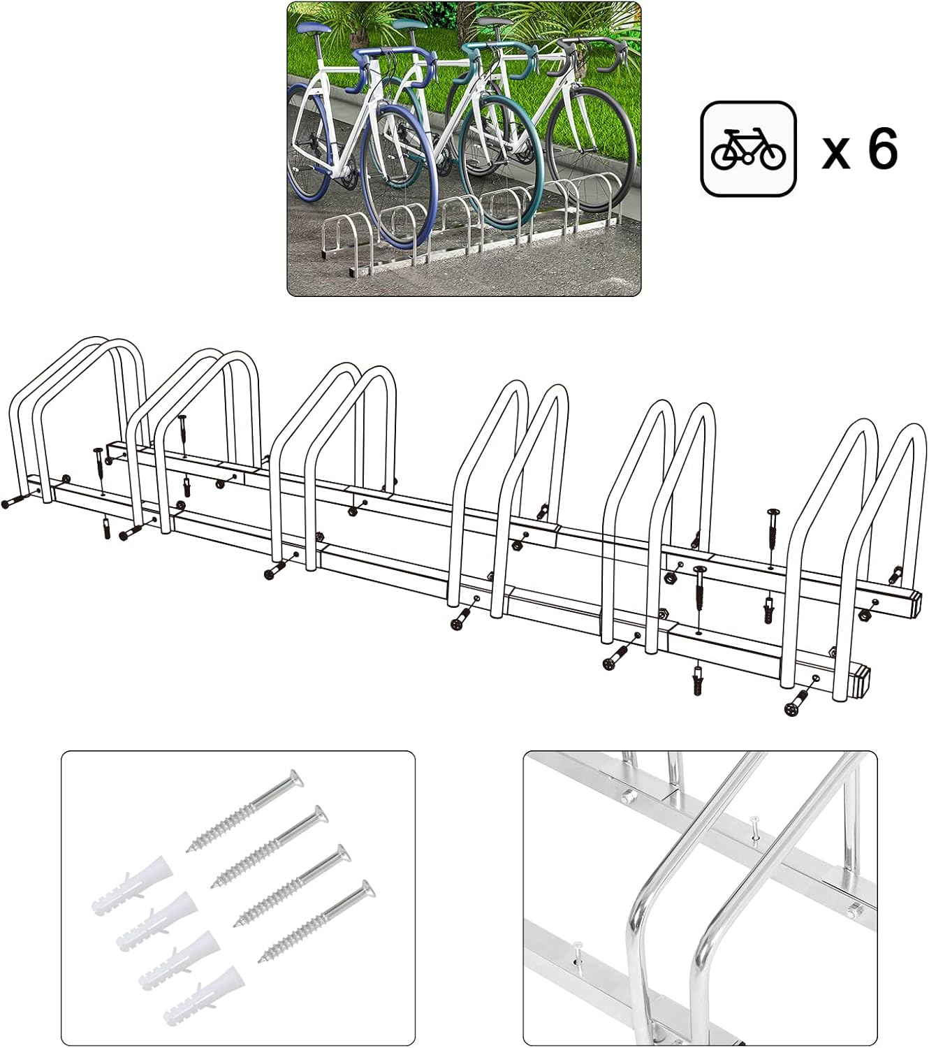 Woltu Porte-vélos pour 6 vélos - Fixation au sol ou au mur - Métal galvanisé - Argent - 160,5 x 32 x 27 cm
