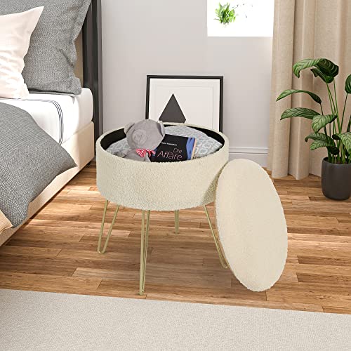 Woltu Tabouret de rangement rond - Blanc crème - Ø39 x 44 cm - Tabouret élégant avec espace de rangement