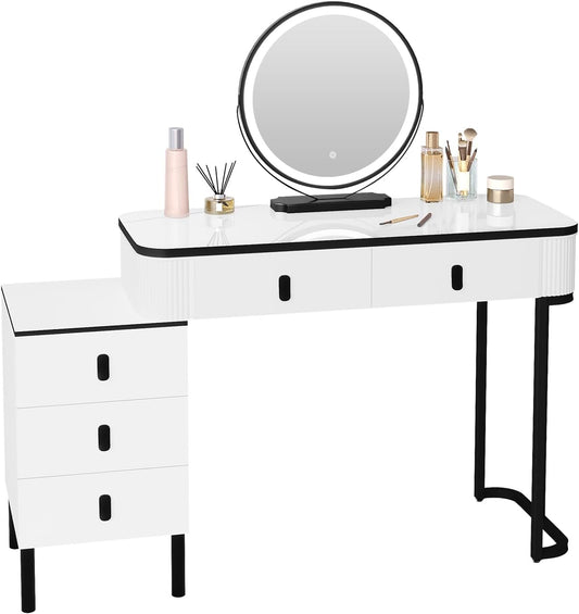 Woltu Table de maquillage avec miroir LED dimmable - 100x40x125 cm - Blanc/Noir - Table de maquillage moderne avec 5 tiroirs
