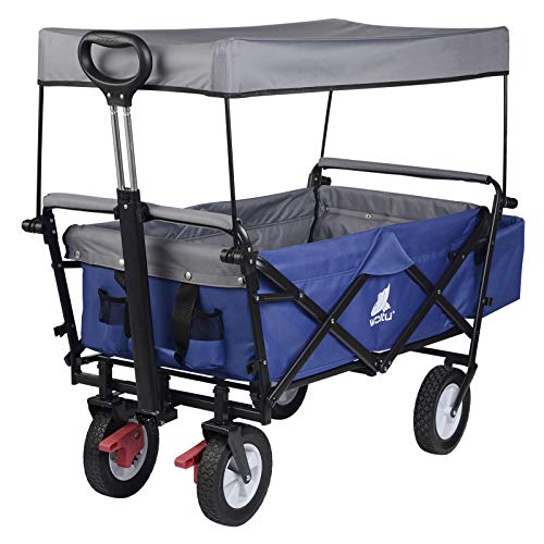 Chariot de transport Woltu pliable - châssis robuste en acier bleu - capacité de 80 kg, avec frein et pare-soleil amovible - 4 roues pivotantes 100x50x90 cm