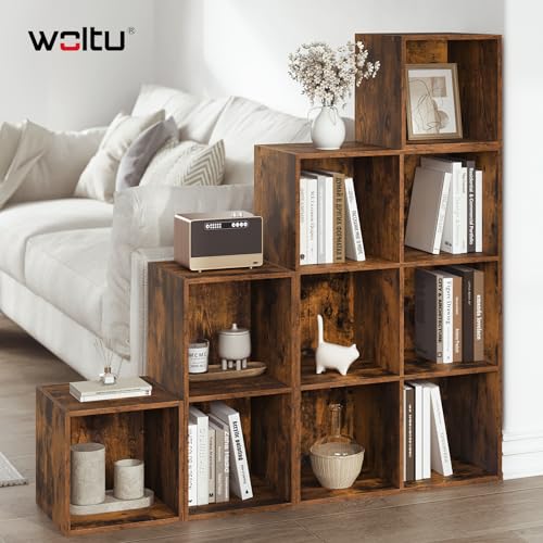 Woltu Bibliothèque à 10 compartiments - Séparation de pièces et escalier - Brun rustique - 120 x 120 x 30 cm