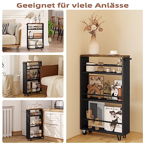 Woltu Kitchen Trolley with 3 Levels - étagère de cuisine en bois avec roues et poignée - Vintage Brown Black - 47 x 80 x 13 cm