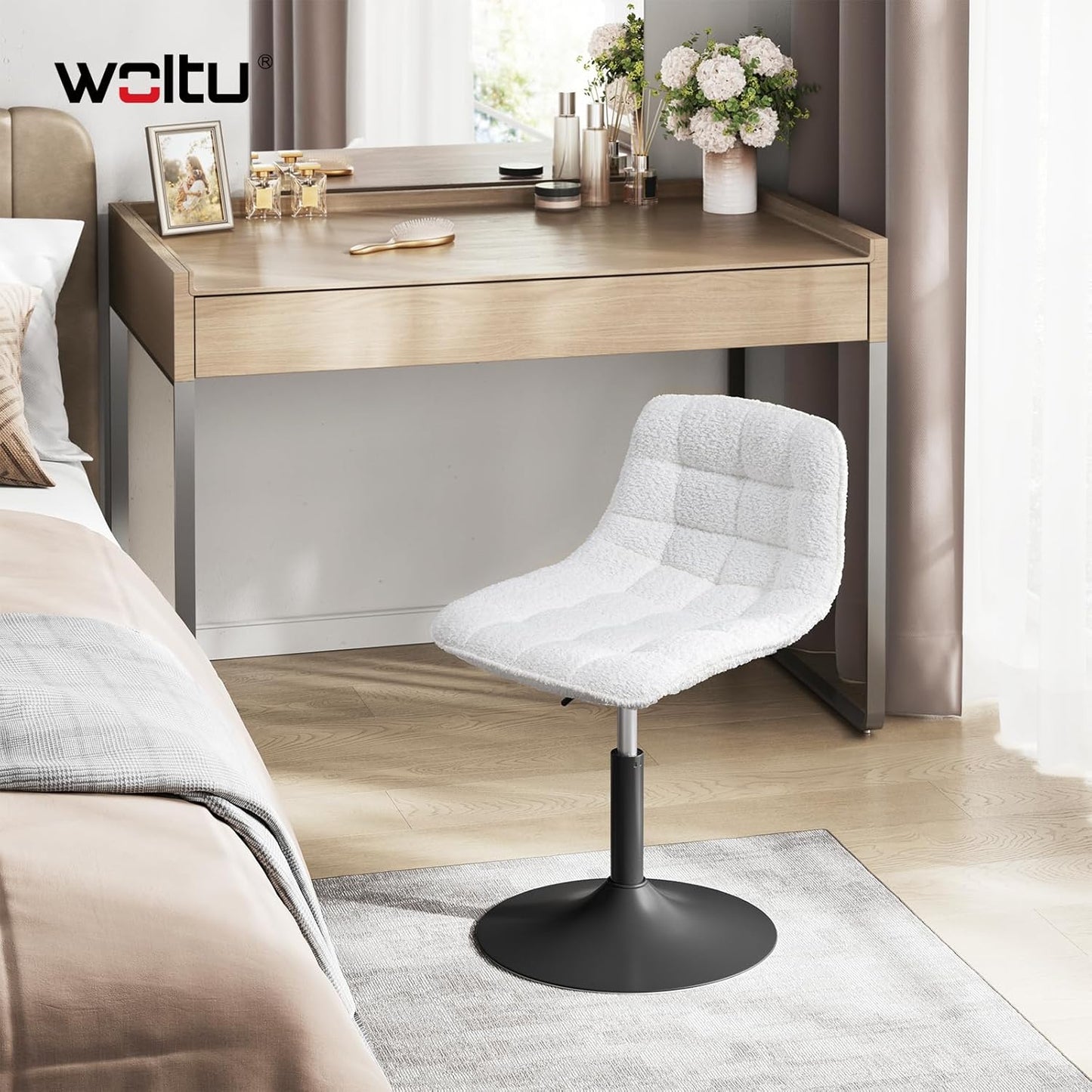 Woltu Chaise longue réglable en chenille avec dossier - pivotante - blanche - 42,5 x 35 x 72 cm