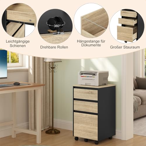 Commode mobile Woltu avec 3 tiroirs - Chêne clair noir - 40 x 71,5 x 40 cm