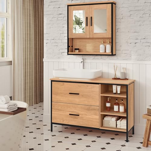Eugad Armoire de toilette avec 2 tiroirs et 3 compartiments ouverts Chêne clair - Noir 90 x 30 x 60 cm