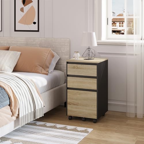 Commode mobile Woltu avec 3 tiroirs - Chêne clair noir - 40 x 71,5 x 40 cm