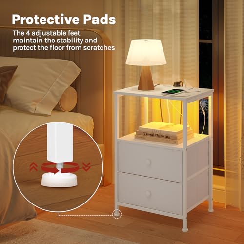 Table de nuit Woltu avec station de recharge et éclairage LED - Blanc - Lot de 2