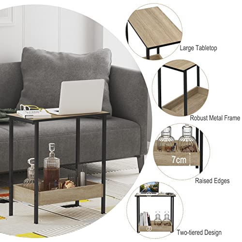 Table basse Woltu avec 2 étagères - Métal noir et chêne clair - 50 x 55 x 25 cm
