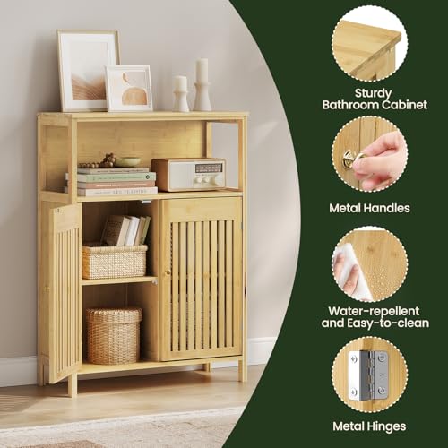 Eugad Armoire de salle de bain avec 2 portes à lamelles et étagères réglables - Couleur bambou 70 x 98 x 32 cm