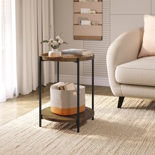 Woltu Table basse ronde avec 2 étagères et plateau amovible aspect bois vintage