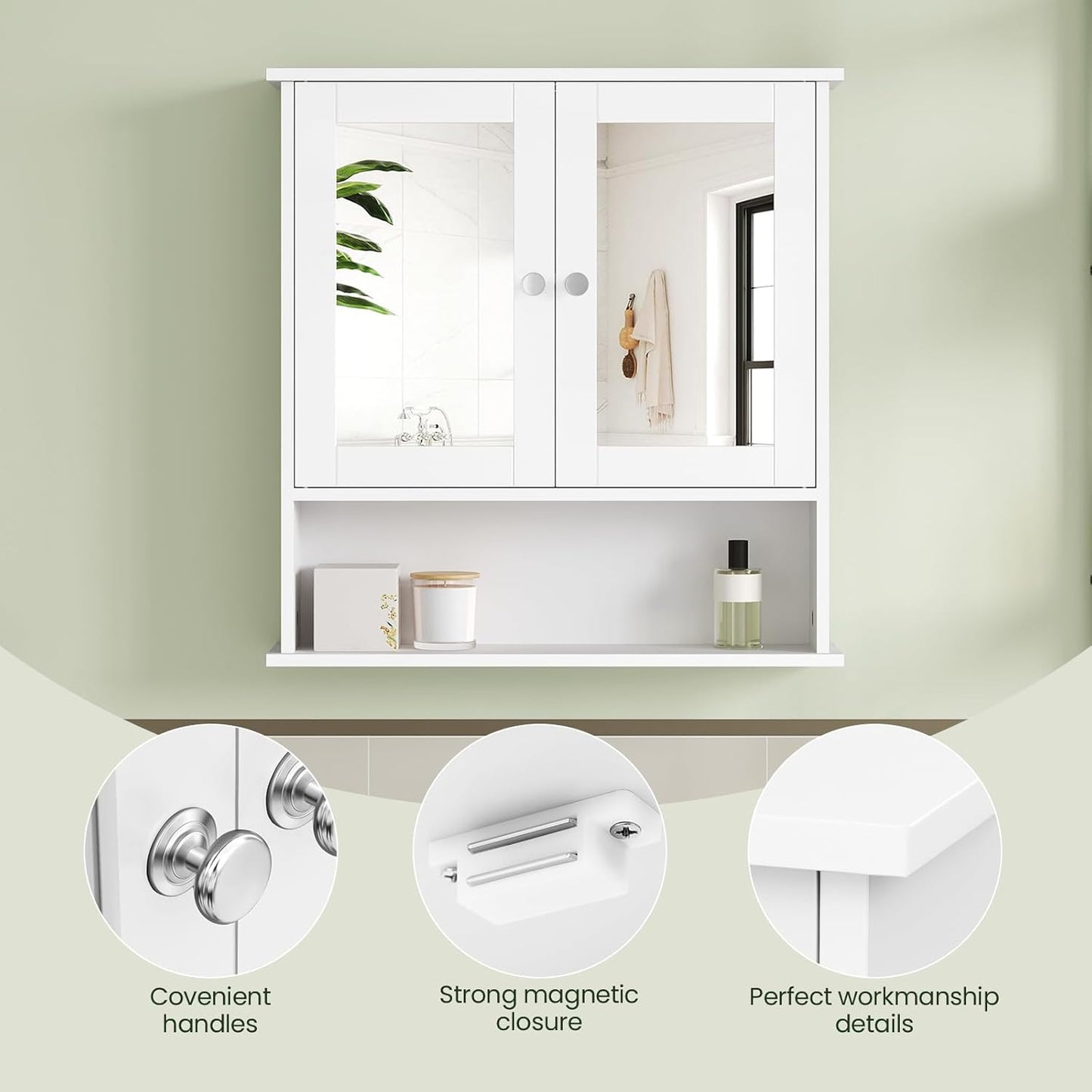 Eugad Armoire de toilette avec miroir - Armoire murale MDF résistant à l'humidité - Etagère réglable - Blanc - 56 x 13 x 58,5 cm