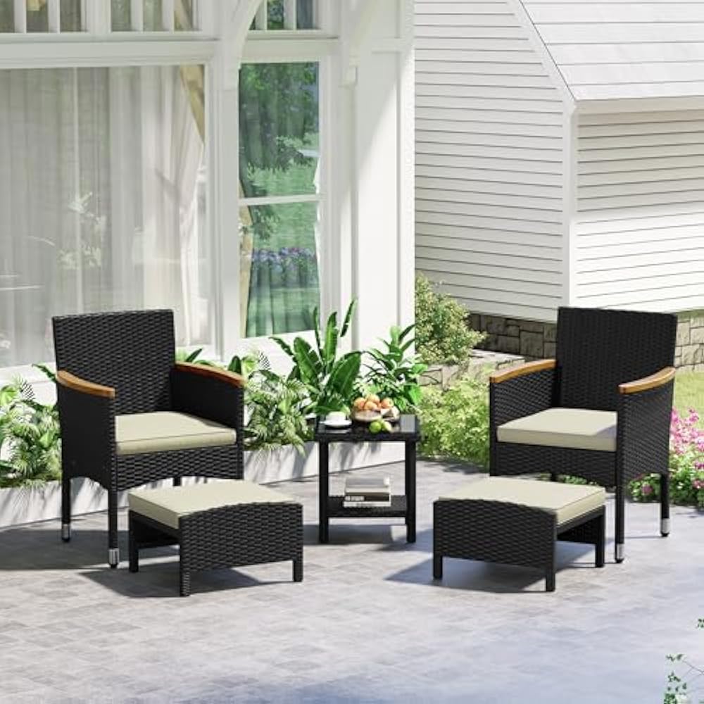 Yaheetech 5-Piece Lounge Set Black/Beige - PE Rattan - Chaise 62 x 61.5 x 84.5 cm - Avec table et poufs