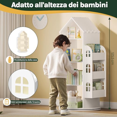 Woltu Bibliothèque pour enfants blanche à 4 niveaux avec 2 étagères de rangement latérales Forme de la maison 63 x 59 x 125 cm