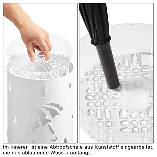 Porte-parapluies Woltu avec collecteur d'eau - Acier blanc - Ø 20 x H 49 cm - 4 crochets pour parapluies pliables