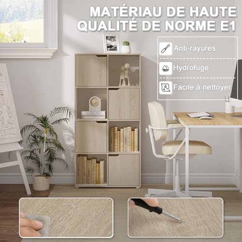 Woltu Bookcase SK039hei - Meuble de rangement avec 8 compartiments et 4 portes - Panneau de particules chêne clair - 60x30x120 cm