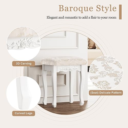 Woltu Tabouret de maquillage baroque - Tabouret de coiffeuse blanc à doublure souple - 40x30x50 cm