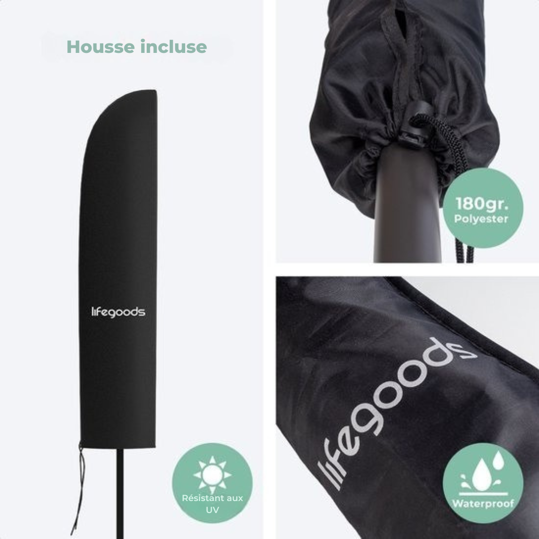 LifeGoods Parasol flottant - jusqu'à 8 personnes - Ø300cm - imperméable - avec housse et base en croix - jardin ou plage - Gris foncé